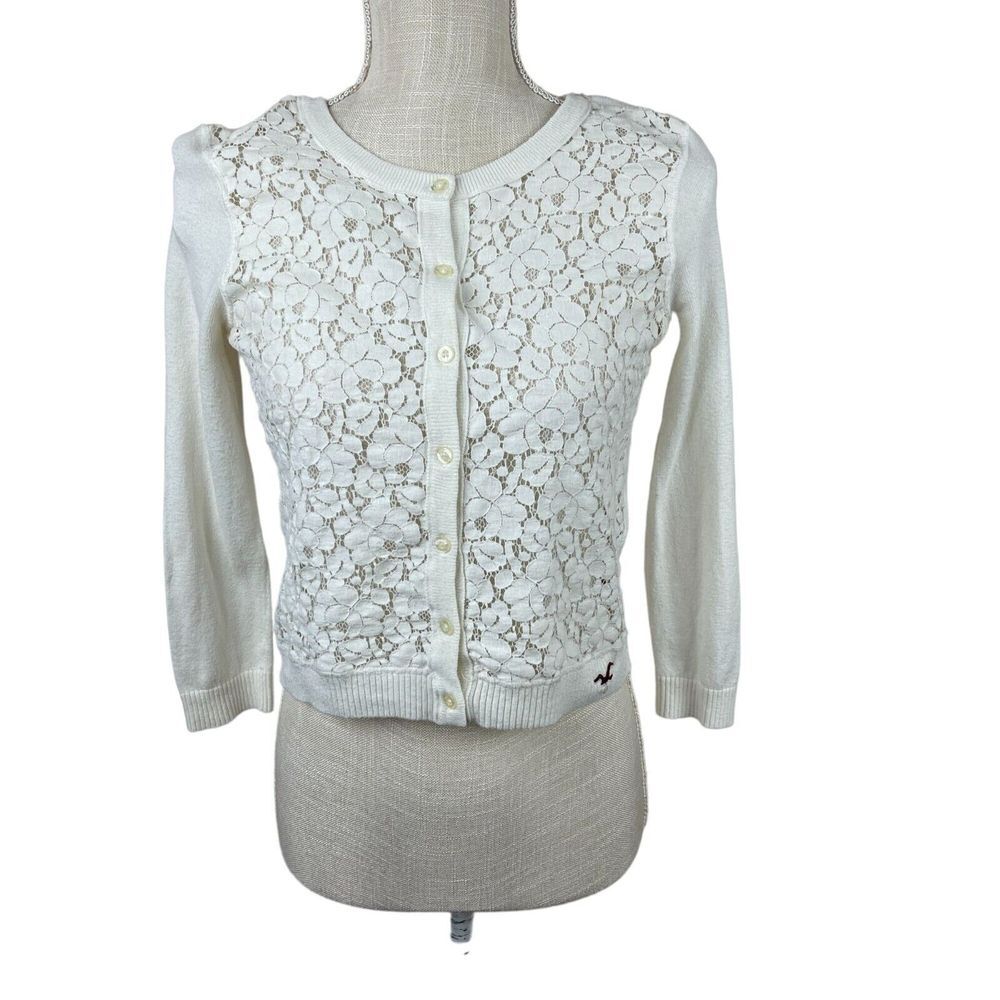 Hollister Y2K Cropped Floral Lace Cardigan Womens S Cream Coquette Festival Boho